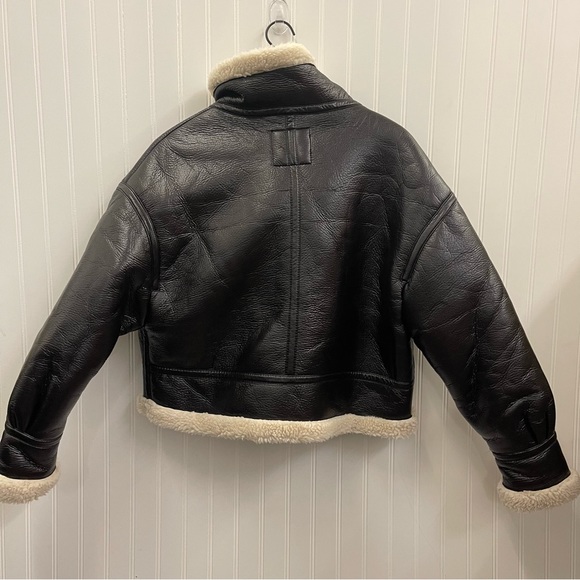 ZARA Black Faux Leather Cream Fleece Lined Sz L - Picture 10 of 13